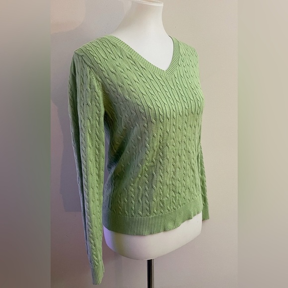 Charter Club Cotton V-neck Cable Knit Light Green Sweater Fall Preppy Classic - Picture 2 of 6